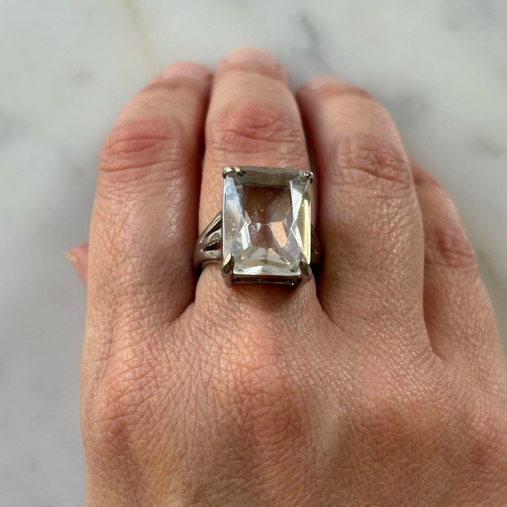 Vintage Silvertone Ring with Large Clear Gemstone